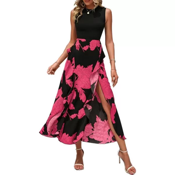 imageBTFBM Women Casual Sleeveless Summer Dresses 2023 Spring Crewneck Patchwork Boho Floral Ruffle Cocktail Party Midi DressBig Floral Rose Red