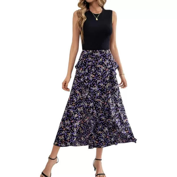 imageBTFBM Women Casual Sleeveless Summer Dresses 2023 Spring Crewneck Patchwork Boho Floral Ruffle Cocktail Party Midi DressFloral Purple
