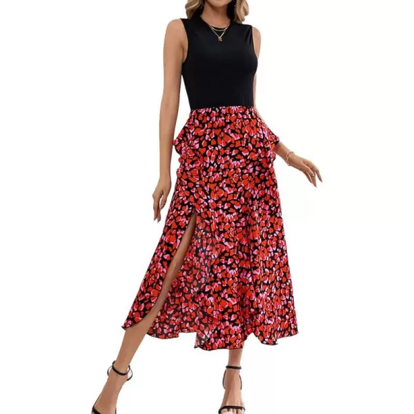 imageBTFBM Women Casual Sleeveless Summer Dresses 2023 Spring Crewneck Patchwork Boho Floral Ruffle Cocktail Party Midi DressFloral Red