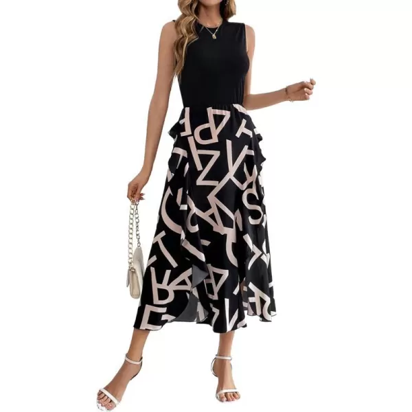 imageBTFBM Women Casual Sleeveless Summer Dresses 2023 Spring Crewneck Patchwork Boho Floral Ruffle Cocktail Party Midi DressLetter White