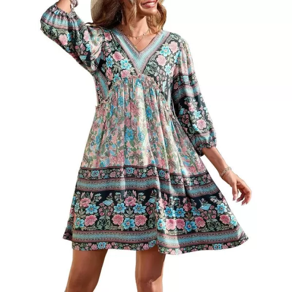 imageBTFBM Women Casual Spring Summer Dresses V Neck 34 Long Sleeve Ruffle Floral Flowy Boho Babydoll Mini Short Beach DressFloral Apricot