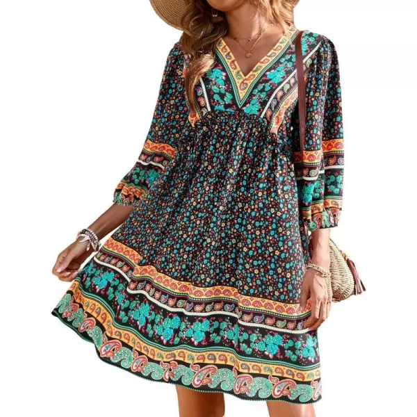 imageBTFBM Women Casual Spring Summer Dresses V Neck 34 Long Sleeve Ruffle Floral Flowy Boho Babydoll Mini Short Beach DressFloral Black