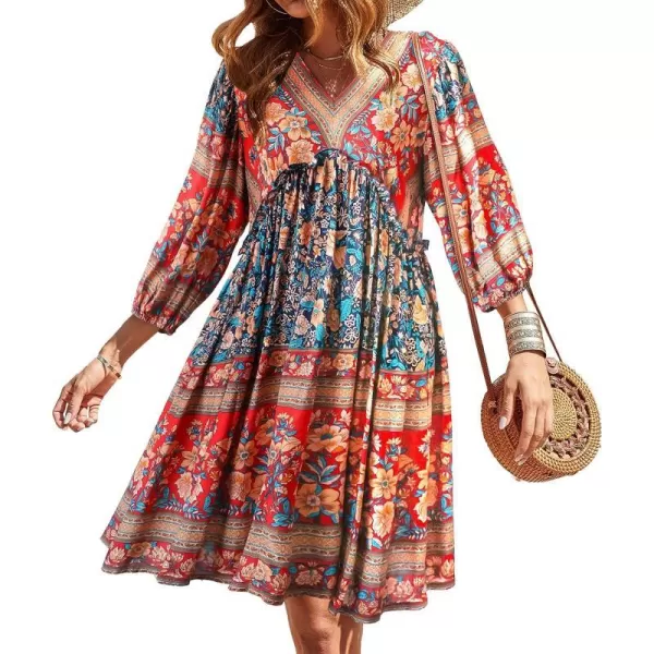 imageBTFBM Women Casual Spring Summer Dresses V Neck 34 Long Sleeve Ruffle Floral Flowy Boho Babydoll Mini Short Beach DressFloral Blue