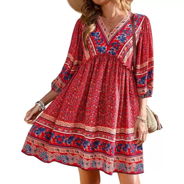 imageBTFBM Women Casual Spring Summer Dresses V Neck 34 Long Sleeve Ruffle Floral Flowy Boho Babydoll Mini Short Beach DressFloral Blue Red