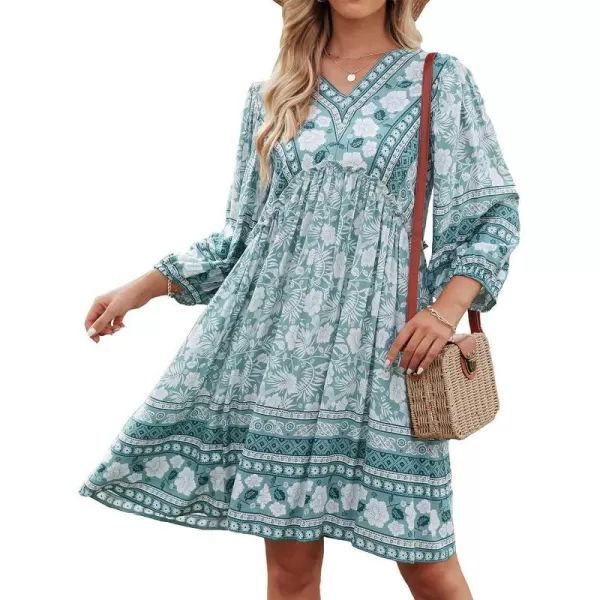 imageBTFBM Women Casual Spring Summer Dresses V Neck 34 Long Sleeve Ruffle Floral Flowy Boho Babydoll Mini Short Beach DressFloral Blue White