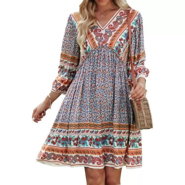 imageBTFBM Women Casual Spring Summer Dresses V Neck 34 Long Sleeve Ruffle Floral Flowy Boho Babydoll Mini Short Beach DressFloral Brown Apricot