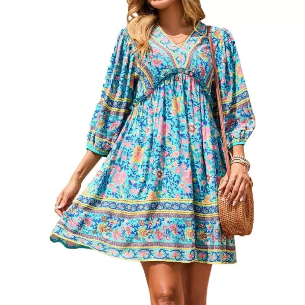 imageBTFBM Women Casual Spring Summer Dresses V Neck 34 Long Sleeve Ruffle Floral Flowy Boho Babydoll Mini Short Beach DressFloral Green