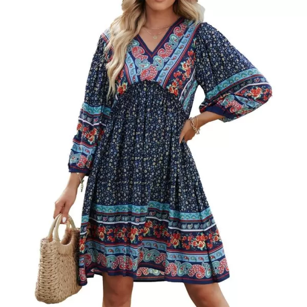 imageBTFBM Women Casual Spring Summer Dresses V Neck 34 Long Sleeve Ruffle Floral Flowy Boho Babydoll Mini Short Beach DressFloral Navy