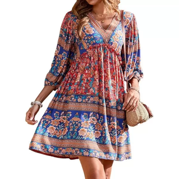 imageBTFBM Women Casual Spring Summer Dresses V Neck 34 Long Sleeve Ruffle Floral Flowy Boho Babydoll Mini Short Beach DressFloral Red