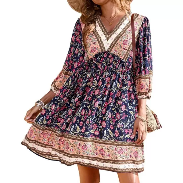 imageBTFBM Women Casual Spring Summer Dresses V Neck 34 Long Sleeve Ruffle Floral Flowy Boho Babydoll Mini Short Beach DressFloral Red Navy