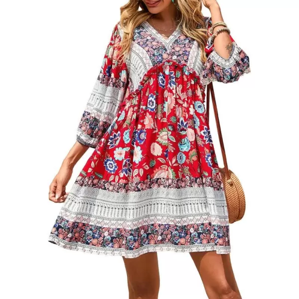 imageBTFBM Women Casual Spring Summer Dresses V Neck 34 Long Sleeve Ruffle Floral Flowy Boho Babydoll Mini Short Beach DressFloral Red White