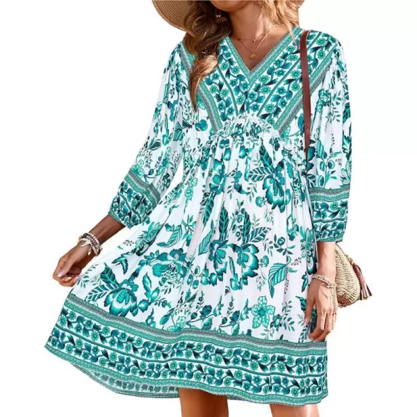 imageBTFBM Women Casual Spring Summer Dresses V Neck 34 Long Sleeve Ruffle Floral Flowy Boho Babydoll Mini Short Beach DressFloral White Blue