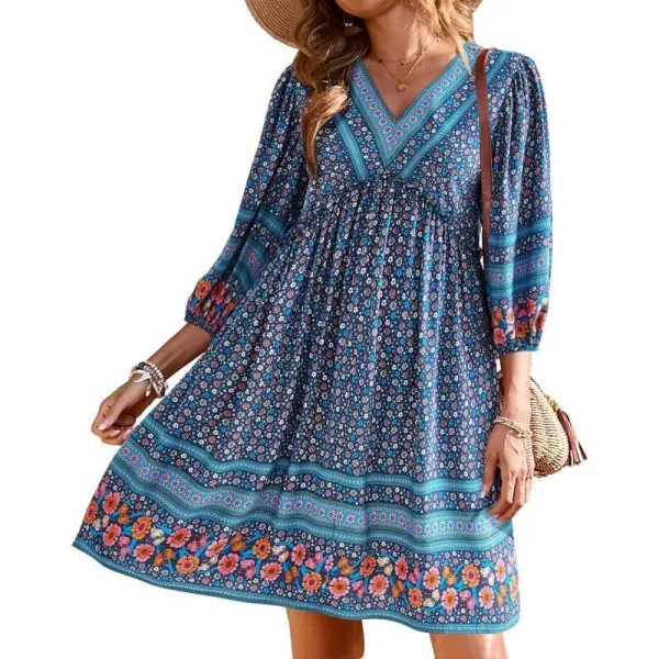 imageBTFBM Women Casual Spring Summer Dresses V Neck 34 Long Sleeve Ruffle Floral Flowy Boho Babydoll Mini Short Beach DressFloral White Blue Grey
