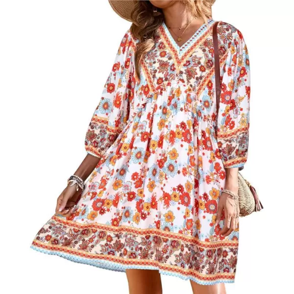 imageBTFBM Women Casual Spring Summer Dresses V Neck 34 Long Sleeve Ruffle Floral Flowy Boho Babydoll Mini Short Beach DressFloral White Red