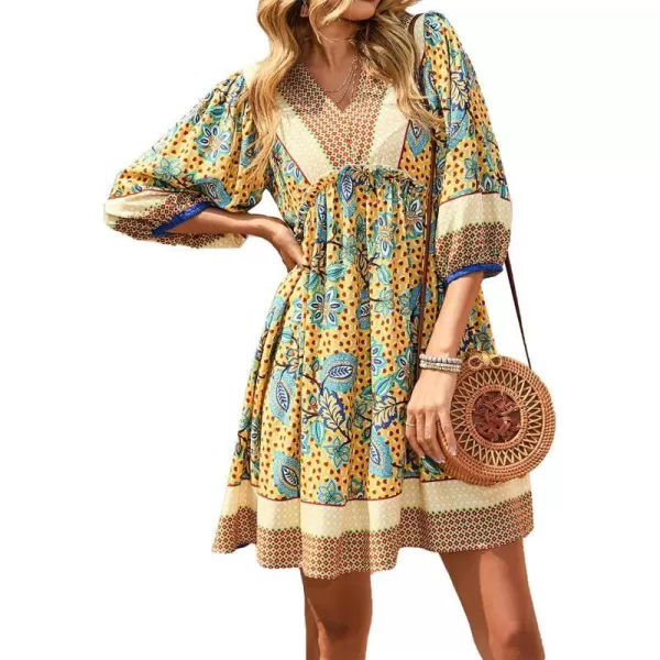 imageBTFBM Women Casual Spring Summer Dresses V Neck 34 Long Sleeve Ruffle Floral Flowy Boho Babydoll Mini Short Beach DressFloral Yellow Apricot