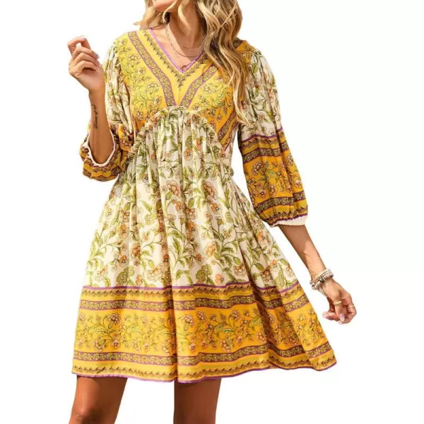 imageBTFBM Women Casual Spring Summer Dresses V Neck 34 Long Sleeve Ruffle Floral Flowy Boho Babydoll Mini Short Beach DressFloral Yellow White