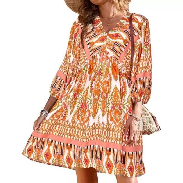 imageBTFBM Women Casual Spring Summer Dresses V Neck 34 Long Sleeve Ruffle Floral Flowy Boho Babydoll Mini Short Beach DressPrint Orange