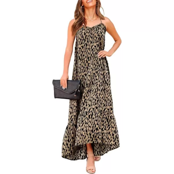 imageBTFBM Women Casual Summer Dresses 2023 Spaghetti Strap Sleeveless Sundress Print Ruffle Flowy Boho Beach Long Maxi DressPrint Camel