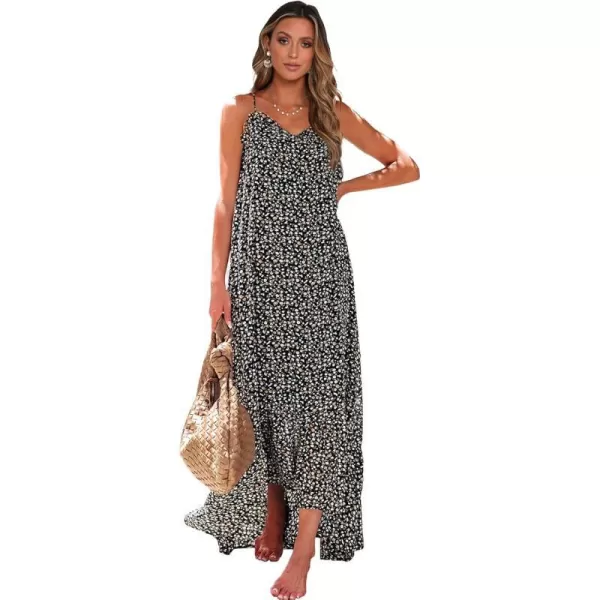 imageBTFBM Women Casual Summer Dresses 2023 Spaghetti Strap Sleeveless Sundress Print Ruffle Flowy Boho Beach Long Maxi DressPrint Floral Black