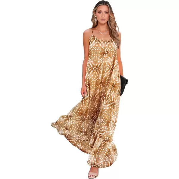 imageBTFBM Women Casual Summer Dresses 2023 Spaghetti Strap Sleeveless Sundress Print Ruffle Flowy Boho Beach Long Maxi DressPrint Khaki