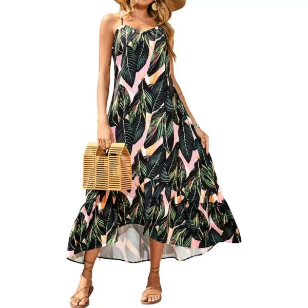 imageBTFBM Women Casual Summer Dresses 2023 Spaghetti Strap Sleeveless Sundress Print Ruffle Flowy Boho Beach Long Maxi DressPrint Leaf Dark Green