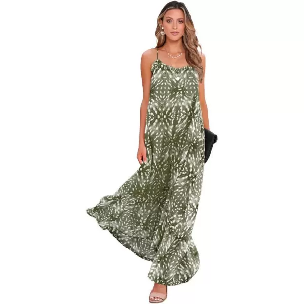imageBTFBM Women Casual Summer Dresses 2023 Spaghetti Strap Sleeveless Sundress Print Ruffle Flowy Boho Beach Long Maxi DressPrint Leaf Green