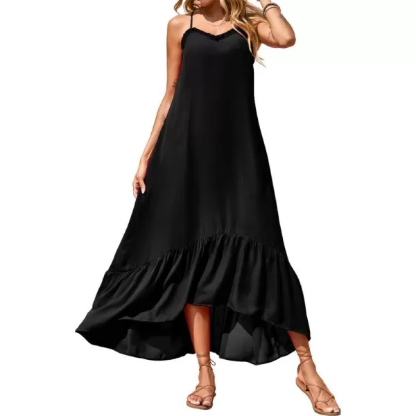 imageBTFBM Women Casual Summer Dresses 2023 Spaghetti Strap Sleeveless Sundress Print Ruffle Flowy Boho Beach Long Maxi DressSolid Black