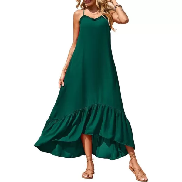 imageBTFBM Women Casual Summer Dresses 2023 Spaghetti Strap Sleeveless Sundress Print Ruffle Flowy Boho Beach Long Maxi DressSolid Dark Green