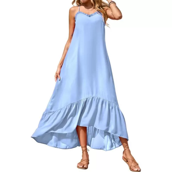 imageBTFBM Women Casual Summer Dresses 2023 Spaghetti Strap Sleeveless Sundress Print Ruffle Flowy Boho Beach Long Maxi DressSolid Light Blue
