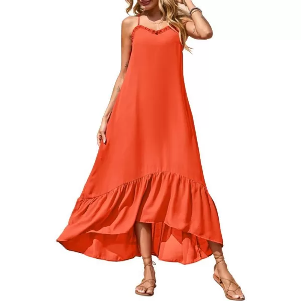imageBTFBM Women Casual Summer Dresses 2023 Spaghetti Strap Sleeveless Sundress Print Ruffle Flowy Boho Beach Long Maxi DressSolid Orange