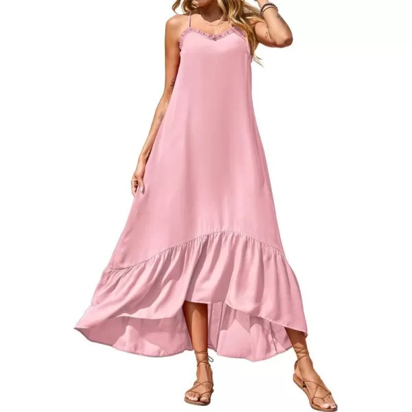 imageBTFBM Women Casual Summer Dresses 2023 Spaghetti Strap Sleeveless Sundress Print Ruffle Flowy Boho Beach Long Maxi DressSolid Pink