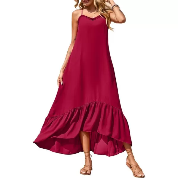 imageBTFBM Women Casual Summer Dresses 2023 Spaghetti Strap Sleeveless Sundress Print Ruffle Flowy Boho Beach Long Maxi DressSolid Red