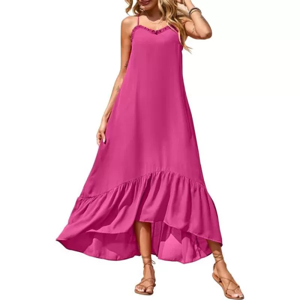 imageBTFBM Women Casual Summer Dresses 2023 Spaghetti Strap Sleeveless Sundress Print Ruffle Flowy Boho Beach Long Maxi DressSolid Rose Red