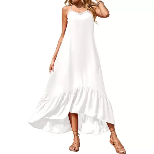 imageBTFBM Women Casual Summer Dresses 2023 Spaghetti Strap Sleeveless Sundress Print Ruffle Flowy Boho Beach Long Maxi DressSolid White