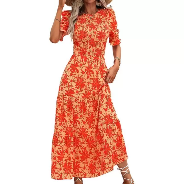 imageBTFBM Women Casual Summer Dresses 2023 Spring Crew Neck Ruffle Short Sleeve Floral Leopard Smocked Boho Flowy Maxi DressBig Floral Orange