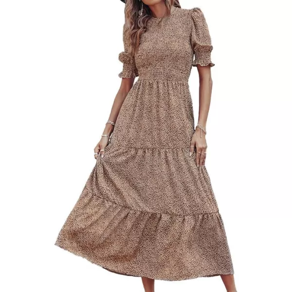 imageBTFBM Women Casual Summer Dresses 2023 Spring Crew Neck Ruffle Short Sleeve Floral Leopard Smocked Boho Flowy Maxi DressDot Apricot Brown