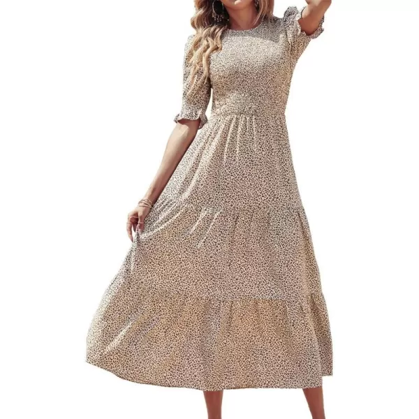 imageBTFBM Women Casual Summer Dresses 2023 Spring Crew Neck Ruffle Short Sleeve Floral Leopard Smocked Boho Flowy Maxi DressDot Apricot Coffee