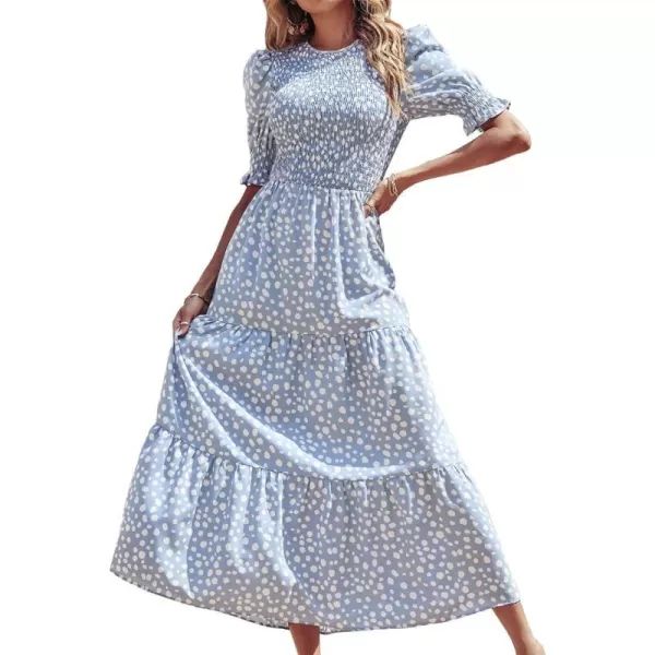 imageBTFBM Women Casual Summer Dresses 2023 Spring Crew Neck Ruffle Short Sleeve Floral Leopard Smocked Boho Flowy Maxi DressDot Blue White