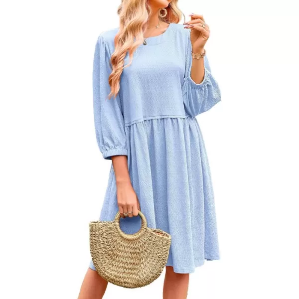 imageBTFBM Women Casual Summer Dresses 2024 Crew Neck 34 Puff Sleeve Tunic Dress Textured Loose Flowy Mini Babydoll DressSolid Light Blue