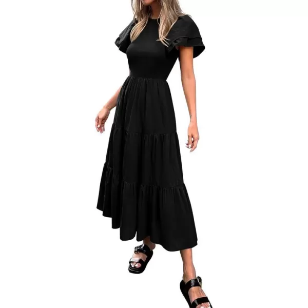 imageBTFBM Women Casual Summer Dresses Crewneck Flutter Puff Short Sleeve Elastic Waist Flowy Aline Tiered Maxi Dress PocketsSolid Black