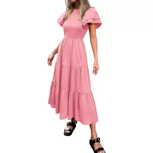 imageBTFBM Women Casual Summer Dresses Crewneck Flutter Puff Short Sleeve Elastic Waist Flowy Aline Tiered Maxi Dress PocketsSolid Pink