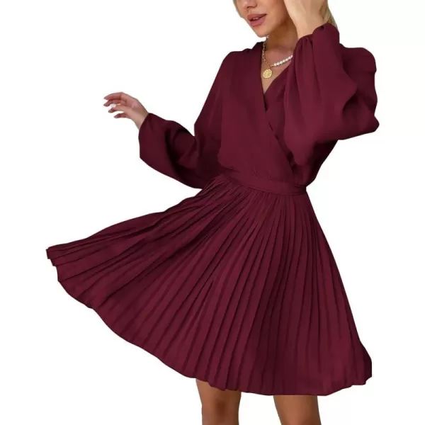 imageBTFBM Women Casual Summer Fall Dresses 2023 Boho Wrap V Neck Puff Long Sleeve Cocktail Flowy Pleated ALine Mini DressSolid Wine Red