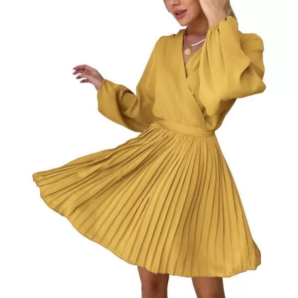 imageBTFBM Women Casual Summer Fall Dresses 2023 Boho Wrap V Neck Puff Long Sleeve Cocktail Flowy Pleated ALine Mini DressSolid Yellow