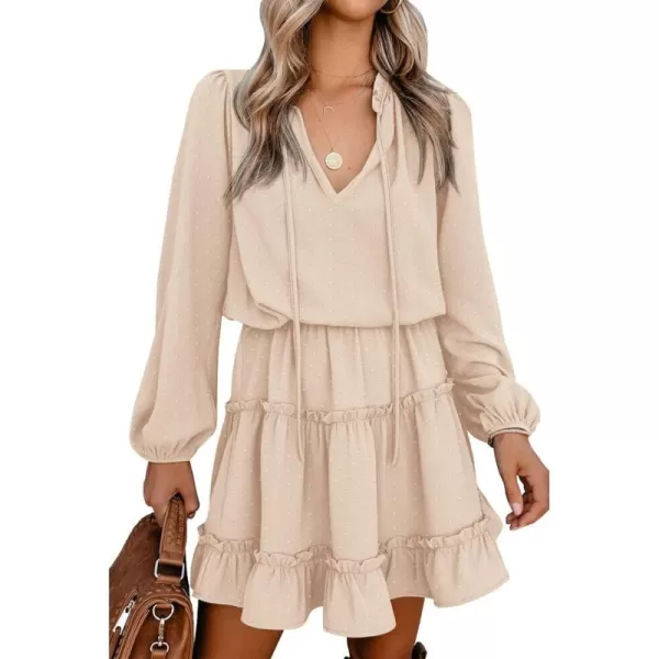 imageBTFBM Women Casual Summer Fall Dresses Tie V Neck Long Sleeve High Waist Ruffle Tiered A Line Swing Tunic Mini DressDot Apricot