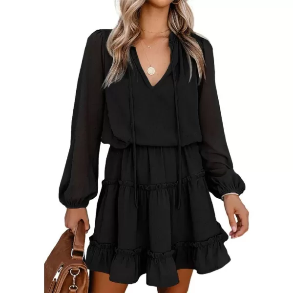 imageBTFBM Women Casual Summer Fall Dresses Tie V Neck Long Sleeve High Waist Ruffle Tiered A Line Swing Tunic Mini DressDot Black