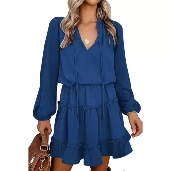 imageBTFBM Women Casual Summer Fall Dresses Tie V Neck Long Sleeve High Waist Ruffle Tiered A Line Swing Tunic Mini DressDot Dark Blue