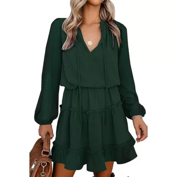 imageBTFBM Women Casual Summer Fall Dresses Tie V Neck Long Sleeve High Waist Ruffle Tiered A Line Swing Tunic Mini DressDot Dark Green