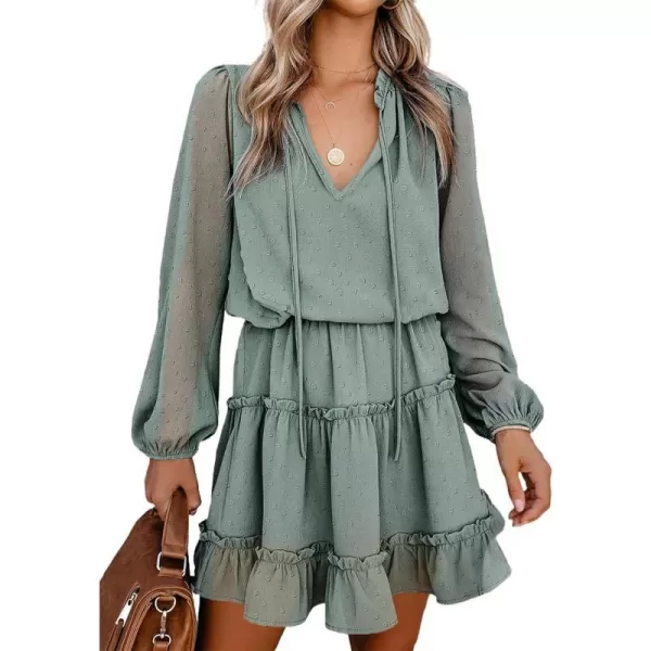 imageBTFBM Women Casual Summer Fall Dresses Tie V Neck Long Sleeve High Waist Ruffle Tiered A Line Swing Tunic Mini DressDot Green