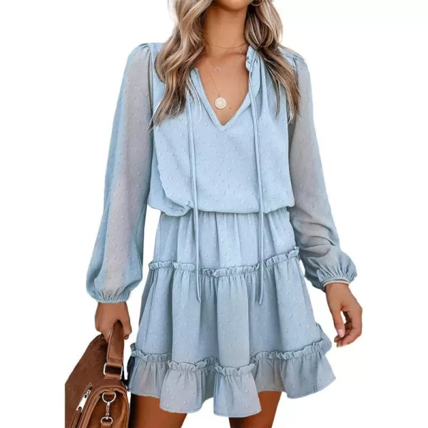 imageBTFBM Women Casual Summer Fall Dresses Tie V Neck Long Sleeve High Waist Ruffle Tiered A Line Swing Tunic Mini DressDot Light Blue