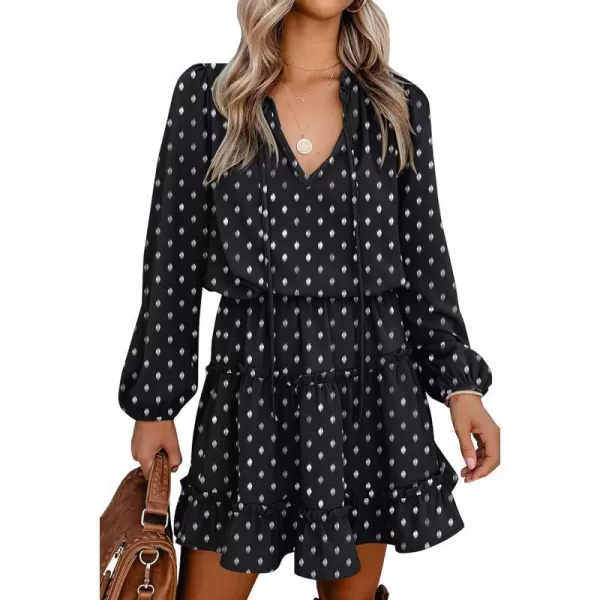 imageBTFBM Women Casual Summer Fall Dresses Tie V Neck Long Sleeve High Waist Ruffle Tiered A Line Swing Tunic Mini DressPrint Black